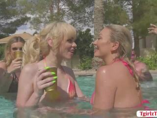 Magnificent and smashing shemale babes enjoys group xxx video by the pool